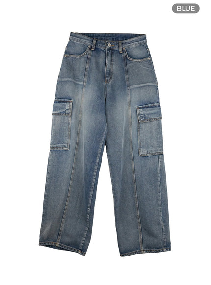 washed-wide-leg-cargo-jeans-iy422 / Blue