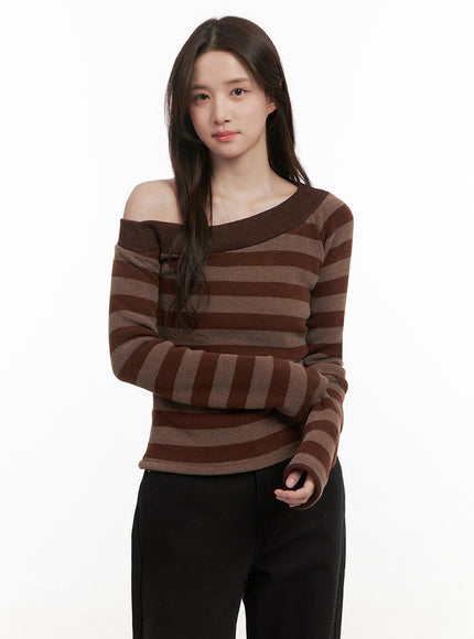 striped-one-shoulder-long-sleeve-top-ij510 / Brown