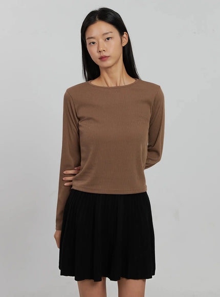 round-ribbed-long-sleeve-top-ij508 / Brown