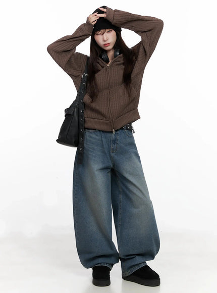 cable-knit-zip-up-hoodie-in503 / Brown