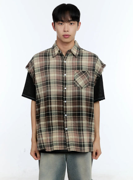 mens-distressed-plaid-shirt-vest-il517 / Brown