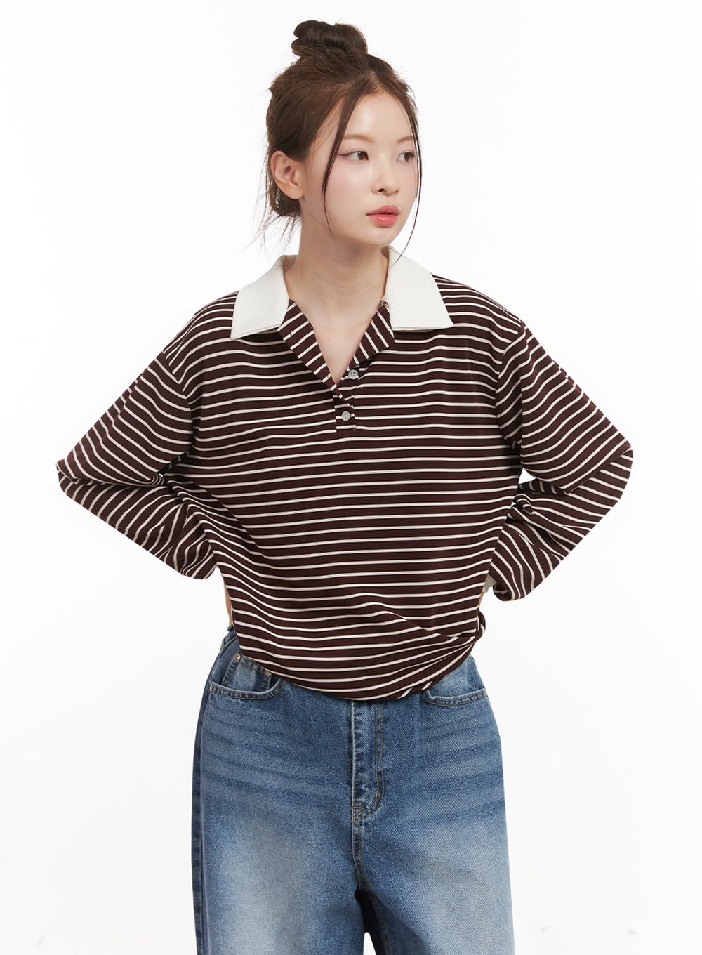 oversized-stripe-collared-long-sleeve-top-ij527 / Brown