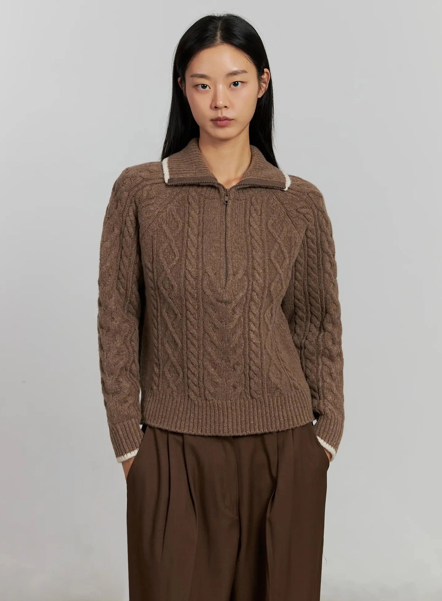 cable-knit-half-zip-sweater-ij505 / Brown
