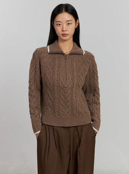 cable-knit-half-zip-sweater-ij505 / Brown