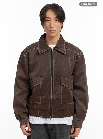 mens-stitched-faux-leather-zip-up-jacket-io402 / Brown