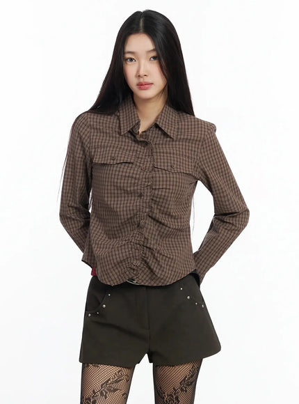 stylish-check-ruffled-blouse-im530 / Brown