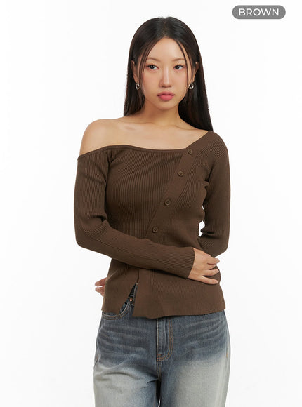 one-shoulder-buttoned-slim-cardigan-is402 / Brown