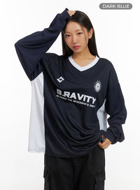 mesh-v-neck-lettering-jersey-top-is402 / Dark blue