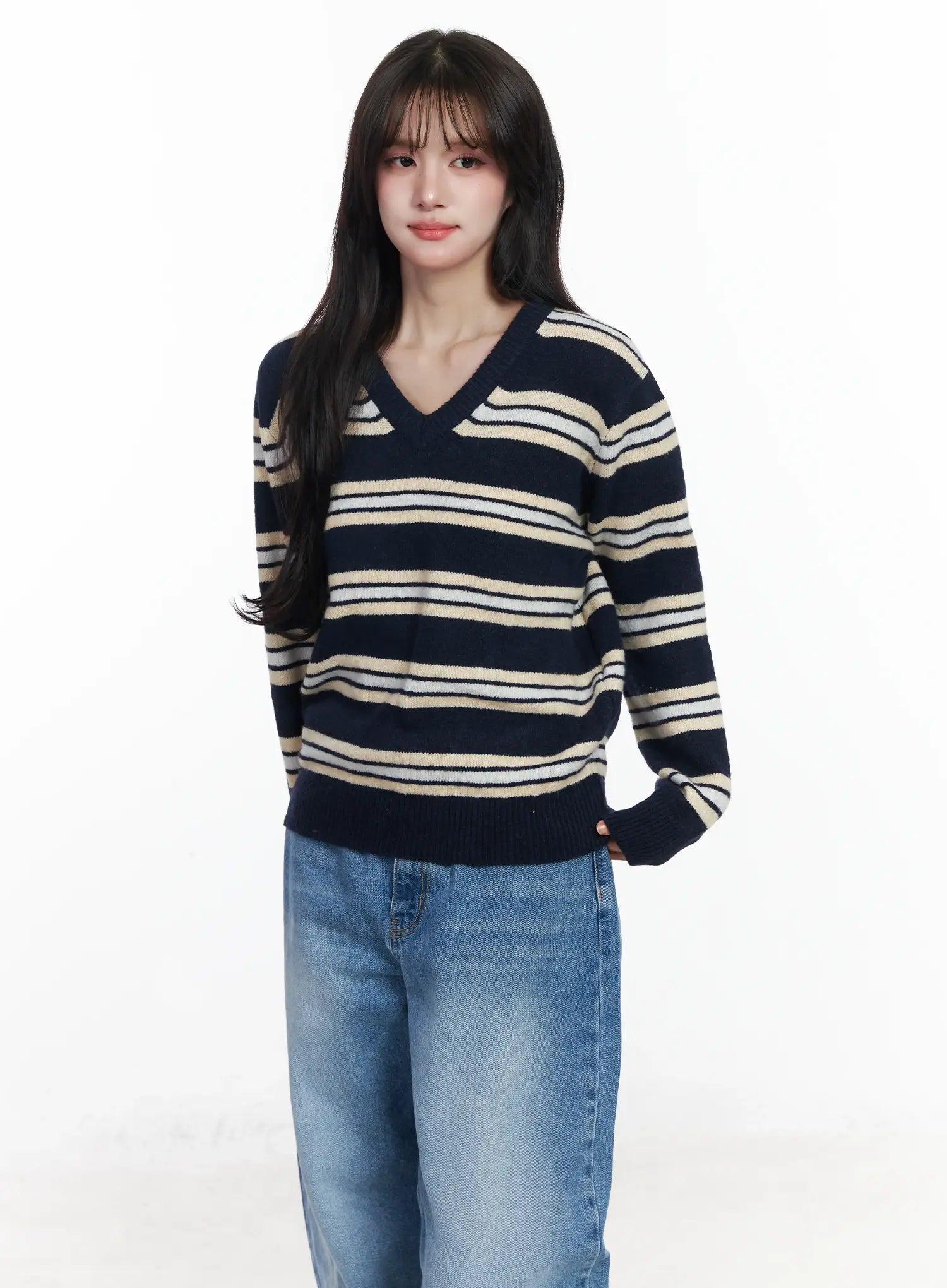 striped-v-neck-knit-sweater-ij529 / Dark blue
