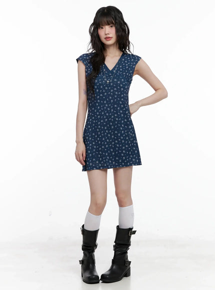 v-neck-floral-print-a-line-dress-il531 / Dark blue