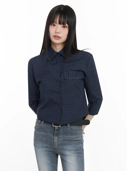 plaid-3-4-sleeve-shirt-im523 / Dark blue