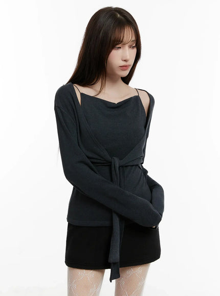 tie-layered-knit-cami-cardigan-set-ij516 / Dark gray