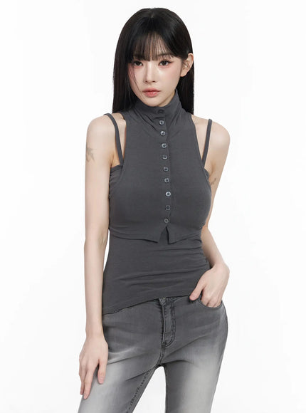 button-up-tank-and-cardigan-duo-iy511 / Dark gray