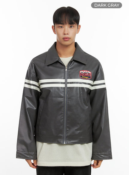 mens-patched-zip-up-rider-jacket-io420 / Dark gray