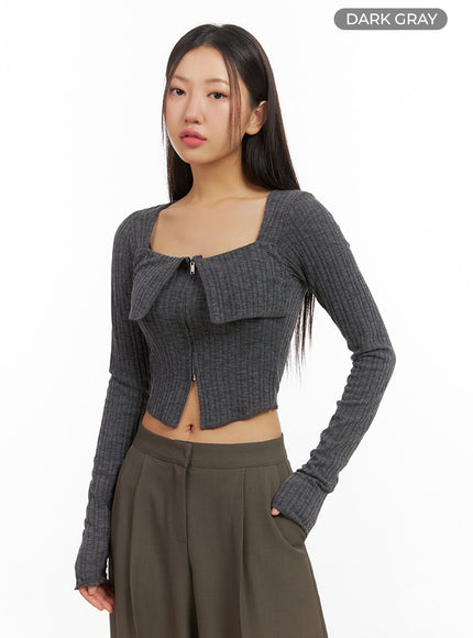 slit-zip-up-square-neck-crop-top-is402 / Dark gray