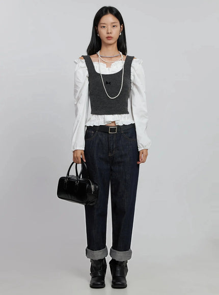 ribbon-detail-layered-sleeveless-top-id504 / Dark gray