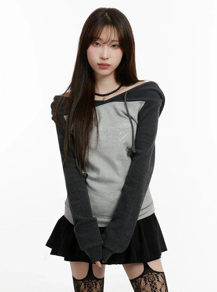 off-shoulder-hooded-lettering-top-ij521 / Dark gray