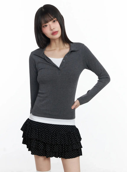 layered-collar-long-sleeve-top-if505 / Dark gray