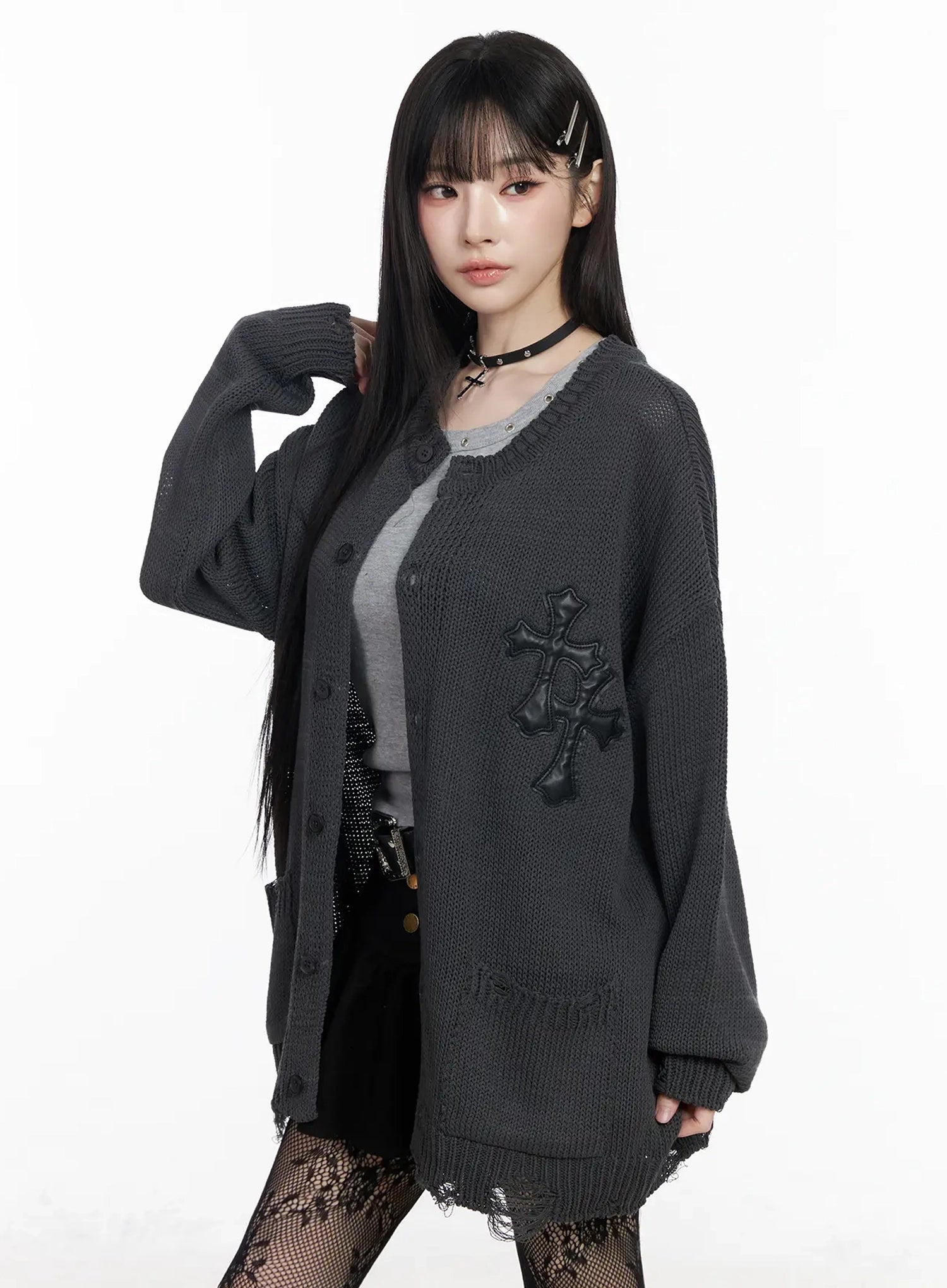 distressed-graphic-print-cardigan-iy511 / Dark gray