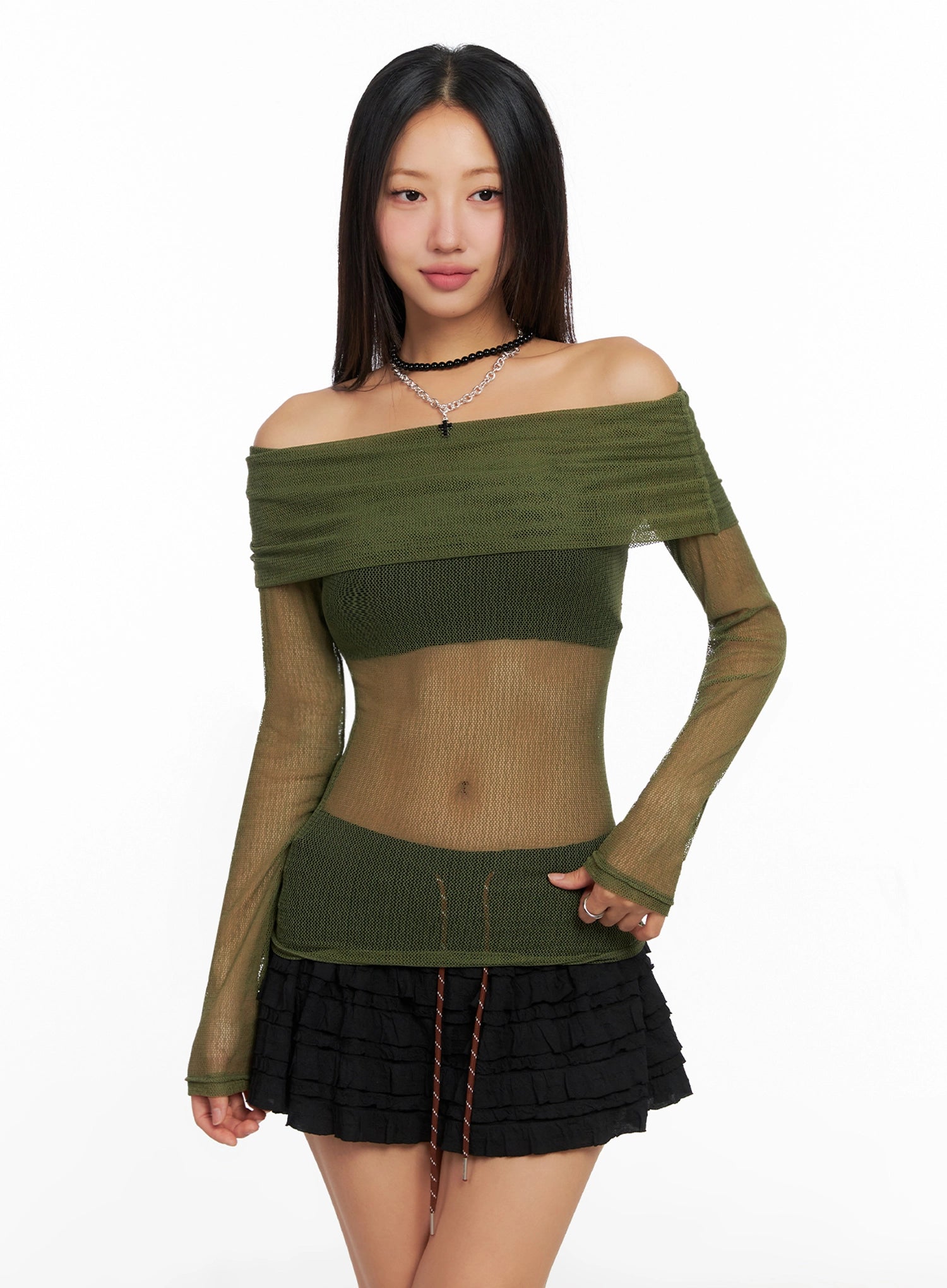 chich-sheer-off-shoulder-top-ig528 / Dark green