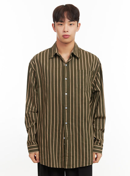 mens-oversized-stripe-collared-button-up-shirt-if521 / Dark green