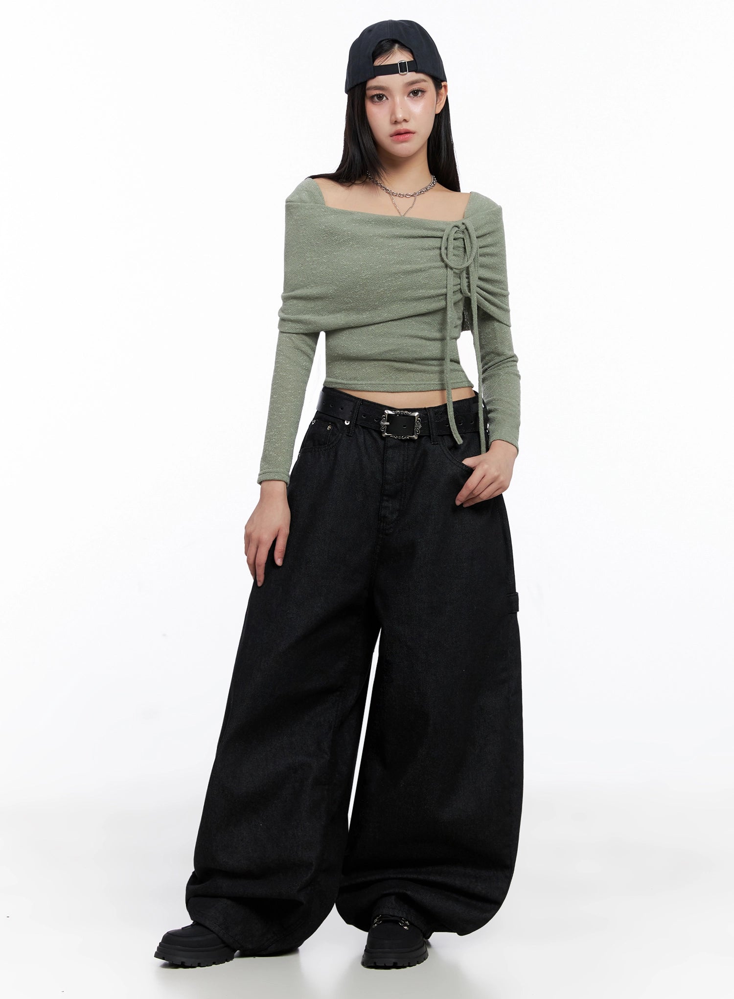 ribbon-off-shoulder-knit-top-is525 / Dark green