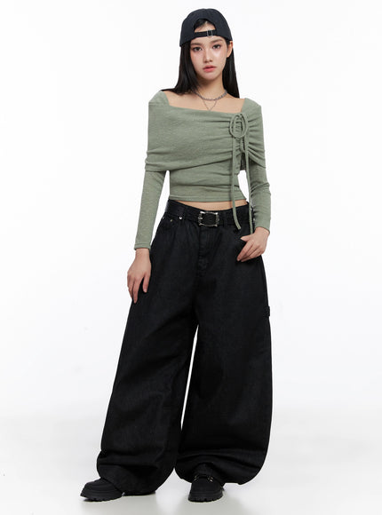 ribbon-off-shoulder-knit-top-is525 / Dark green