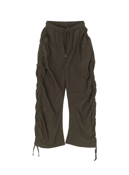 adjustable-wide-leg-nylon-pants-iu509 / Dark green