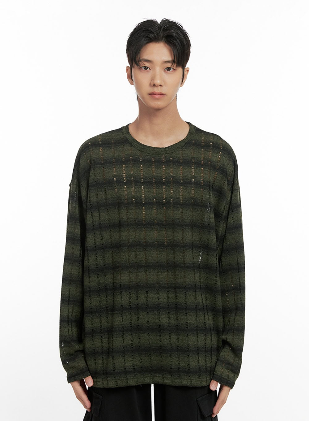 mens-loose-fit-long-sleeve-stripe-tee-id413 / Dark green