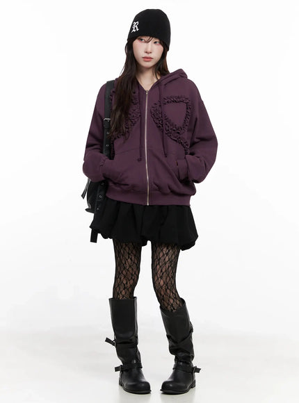 oversized-ruffle-zip-up-hoodie-io527 / Dark purple