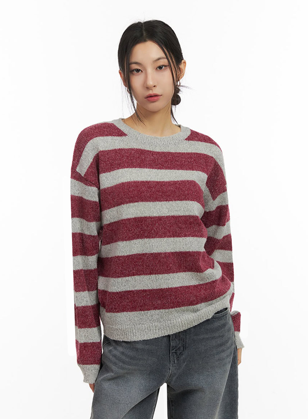 striped-knitted-sweater-ij503 / Dark red