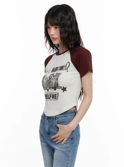 cat-graphic-raglan-tee-il531 / Dark red