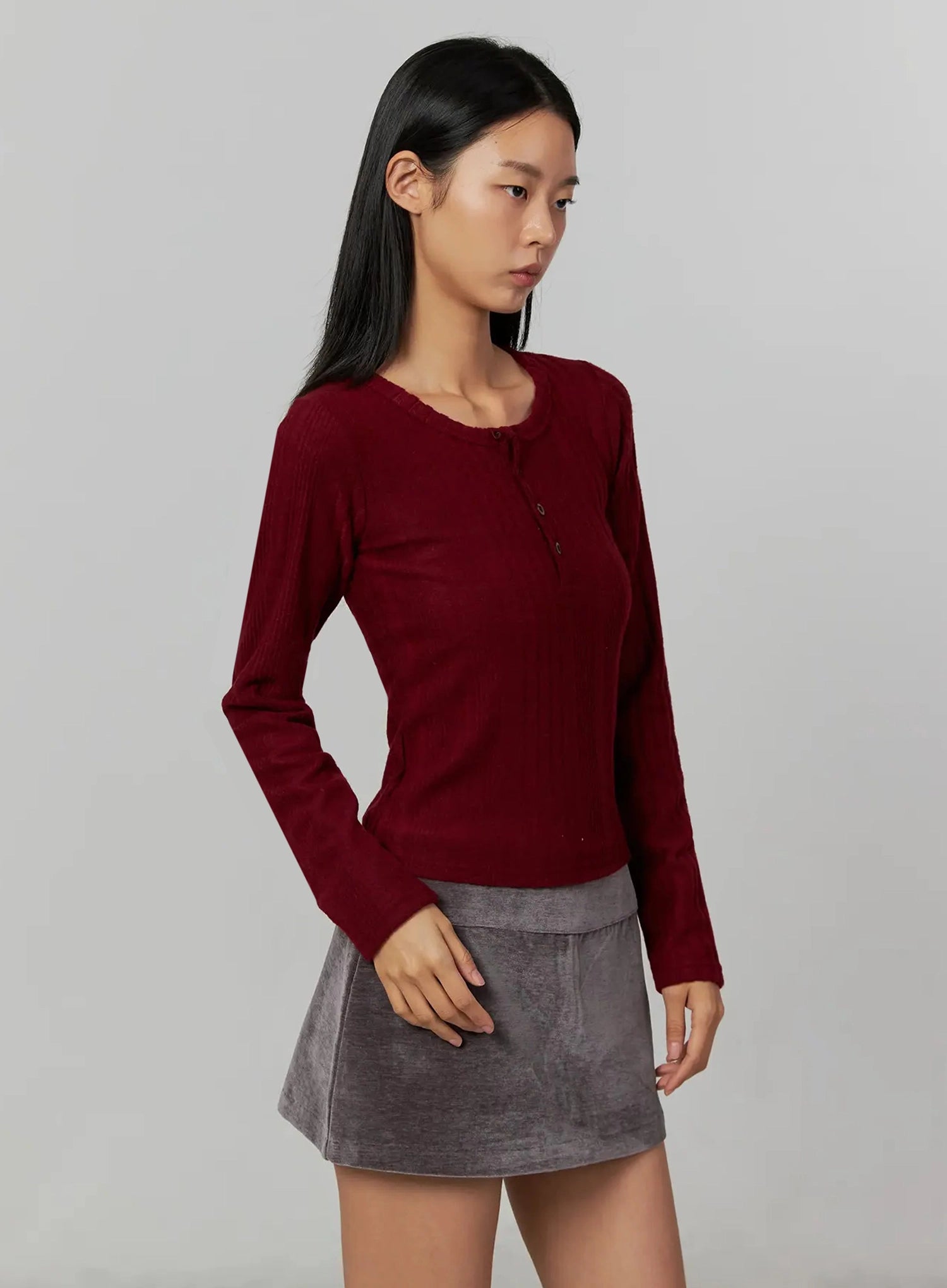 ribbed-henley-long-sleeve-top-ij502 / Dark red