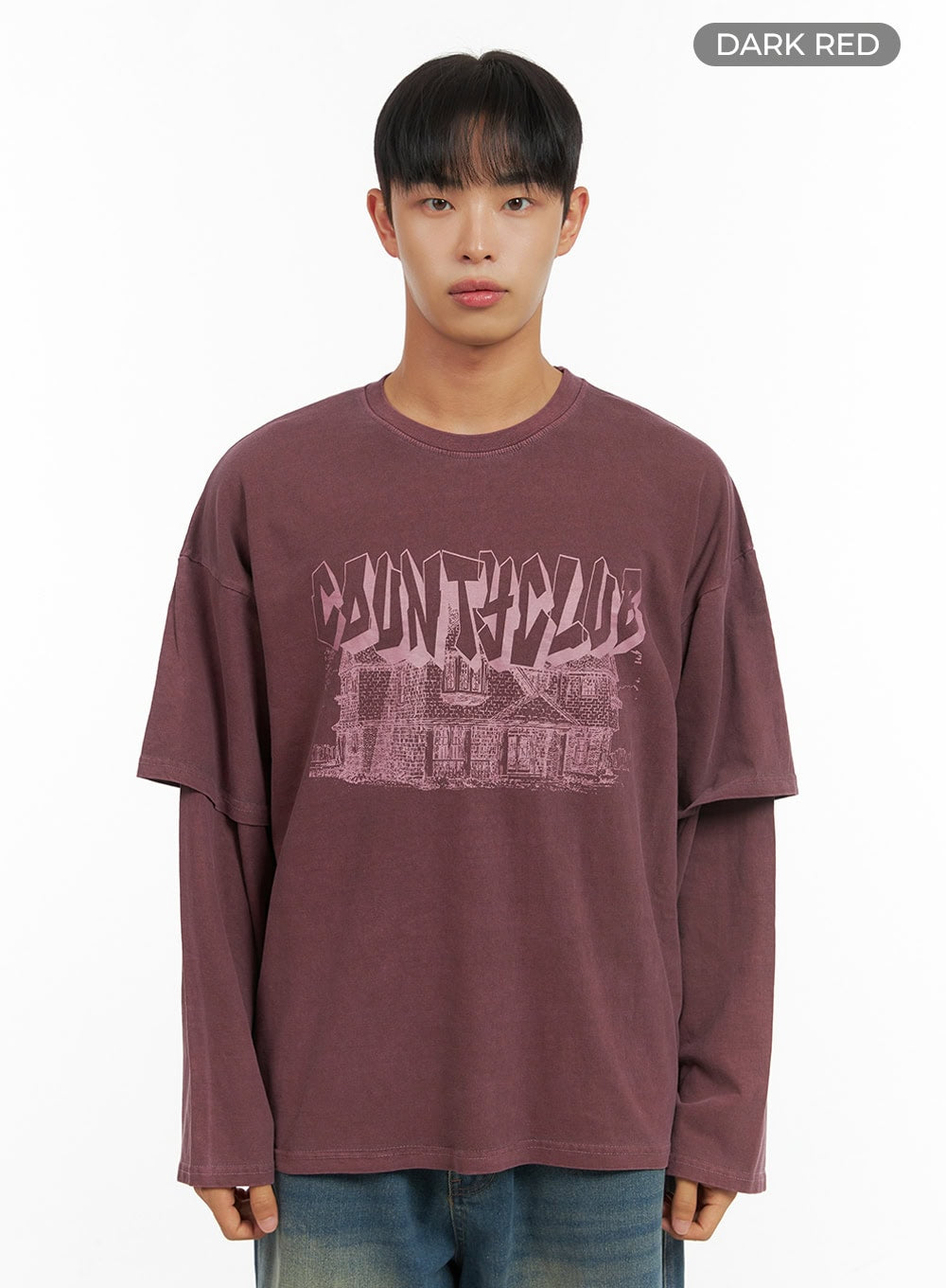 mens-cotton-graphic-layered-long-sleeve-is420 / Dark red