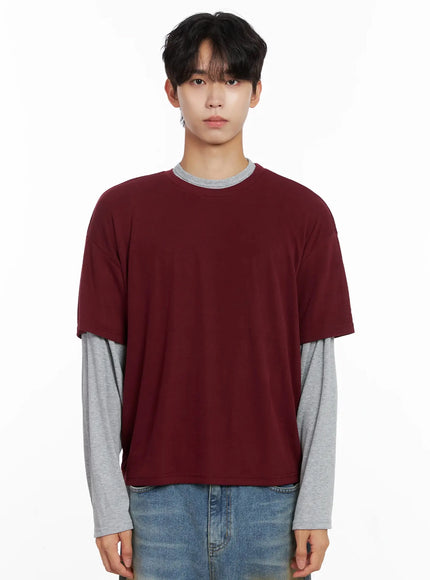 mens-layered-semi-crop-t-shirt-io516 / Dark red