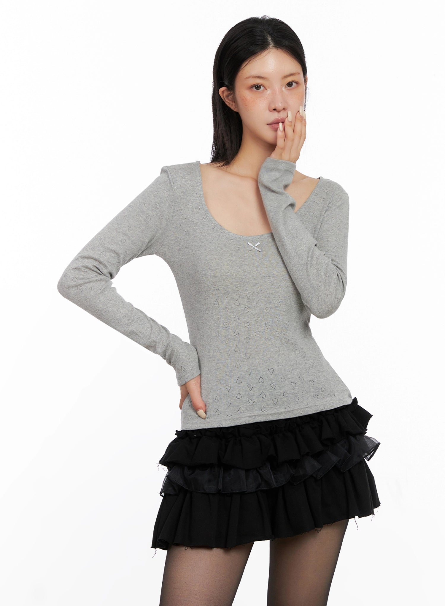 scoop-neck-ribbed-long-sleeve-top-is508 / Gray