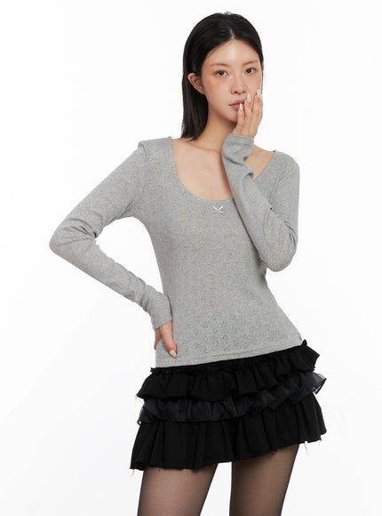 scoop-neck-ribbed-long-sleeve-top-is508 / Gray
