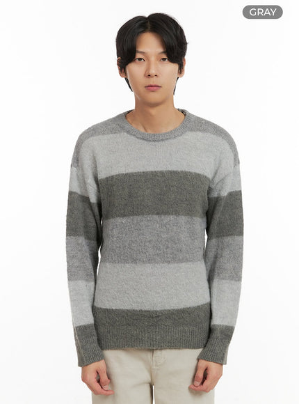 mens-fuzzy-stripe-knit-sweater-iy402 / Gray