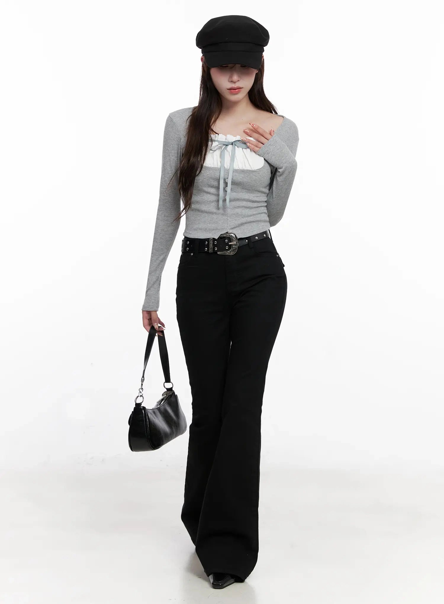 bow-detail-long-sleeve-top-io527 / Gray