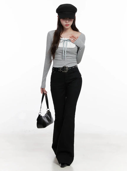 bow-detail-long-sleeve-top-io527 / Gray