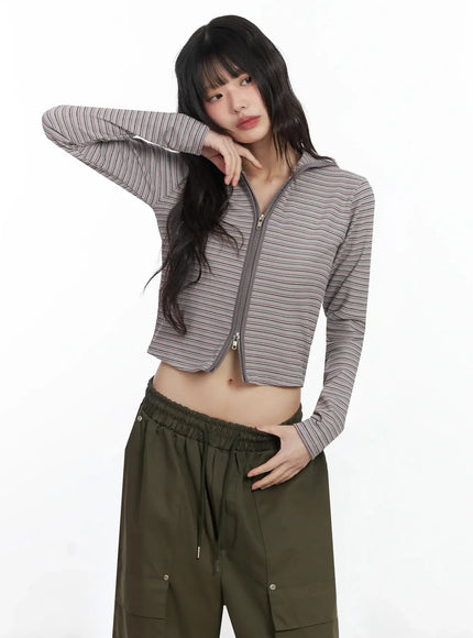 slim-fit-striped-zip-up-hoodie-f516 / Gray