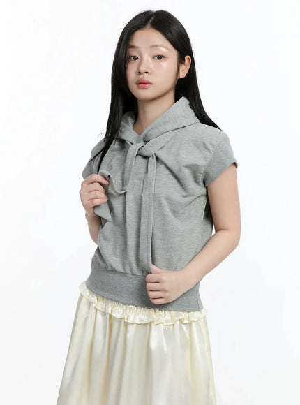 ribbon-detail-short-sleeve-hoodie-im519 / Gray