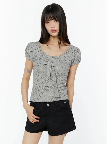 polka-dot-puff-sleeve-top-iu518 / Gray