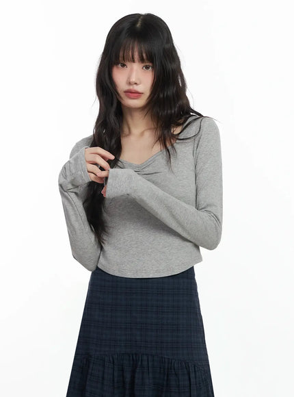 shirred-neck-long-sleebe-top-if505 / Gray