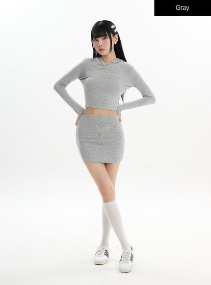 solid-long-sleeve-hoodie-mini-skirt-set-if413 / Gray