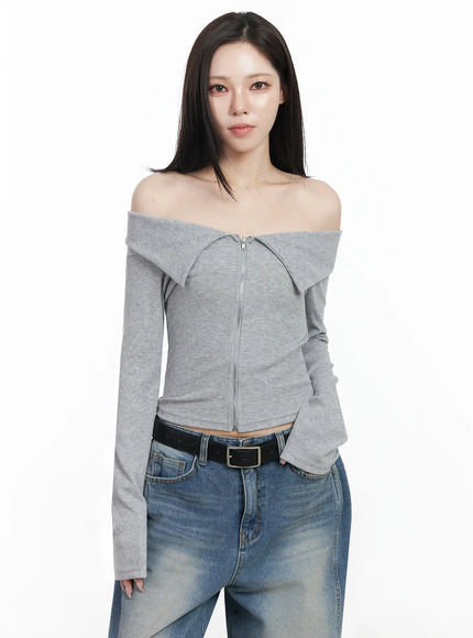 ribbed-off-shoulder-zip-up-tee-ij528 / Gray