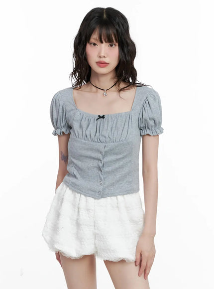 ribbon-detail-puff-sleeve-top-il528 / Gray