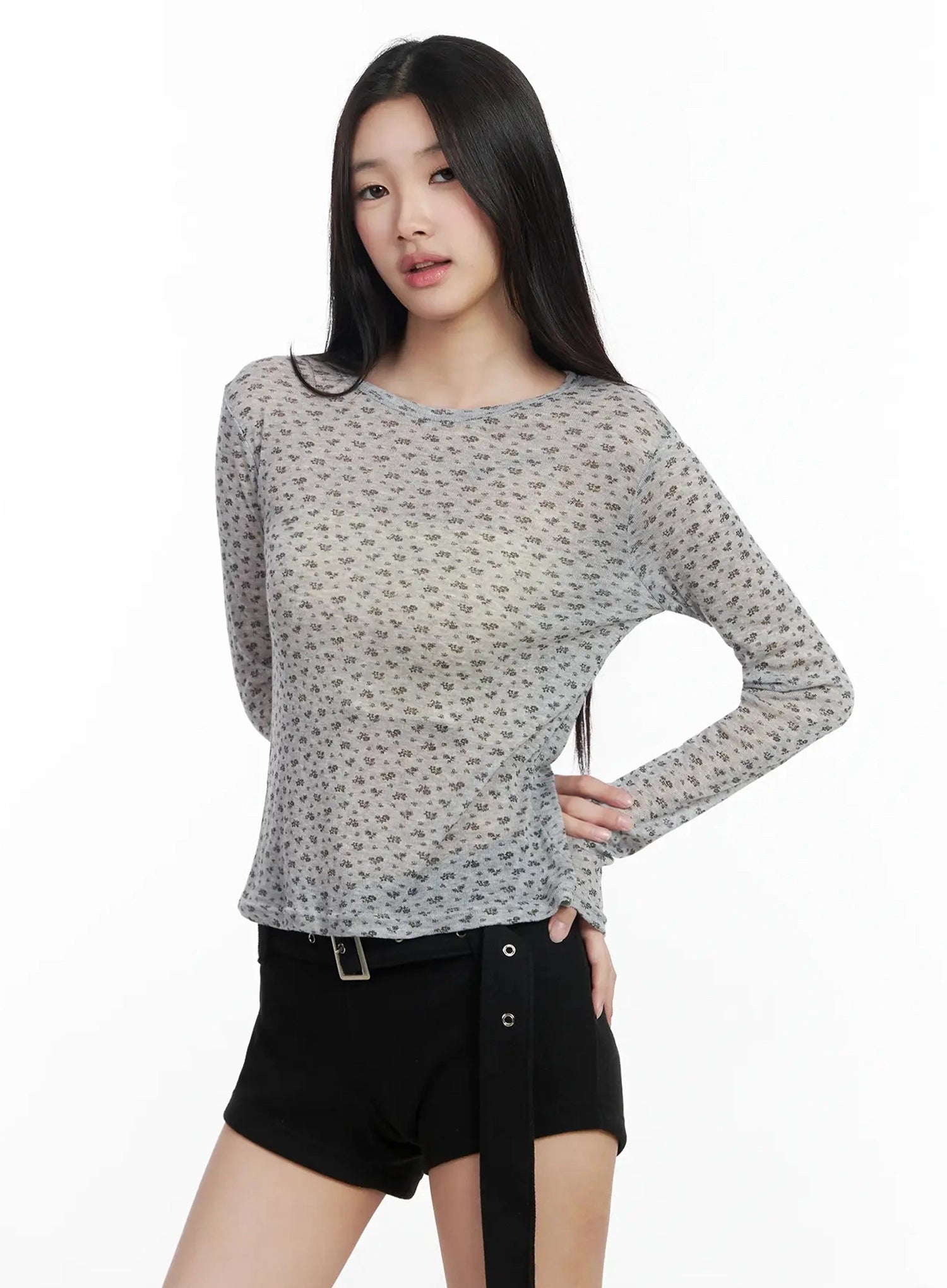 floral-sheer-long-sleeve-top-im502 / Gray