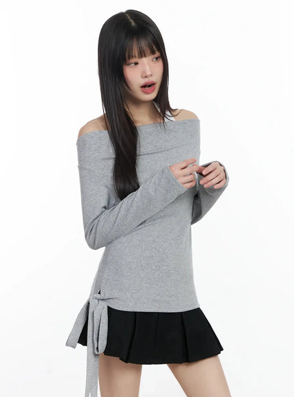 halter-layered-off-shoulder-long-sleeve-f517 / Gray
