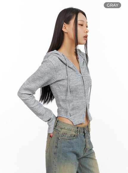 chic-ribbed-zip-up-hooded-top-is427 / Gray